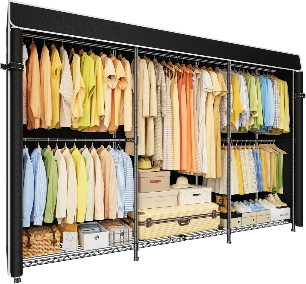 ULIFHOME E14C Max Heavy Duty Closet Organizer System，Freestanding Clothing Racks for Hanging Clothes，Adjustable Garment Rack 86' W × 16' D × 77' H Hold 1060 lbs，Black Rack with Black Cover