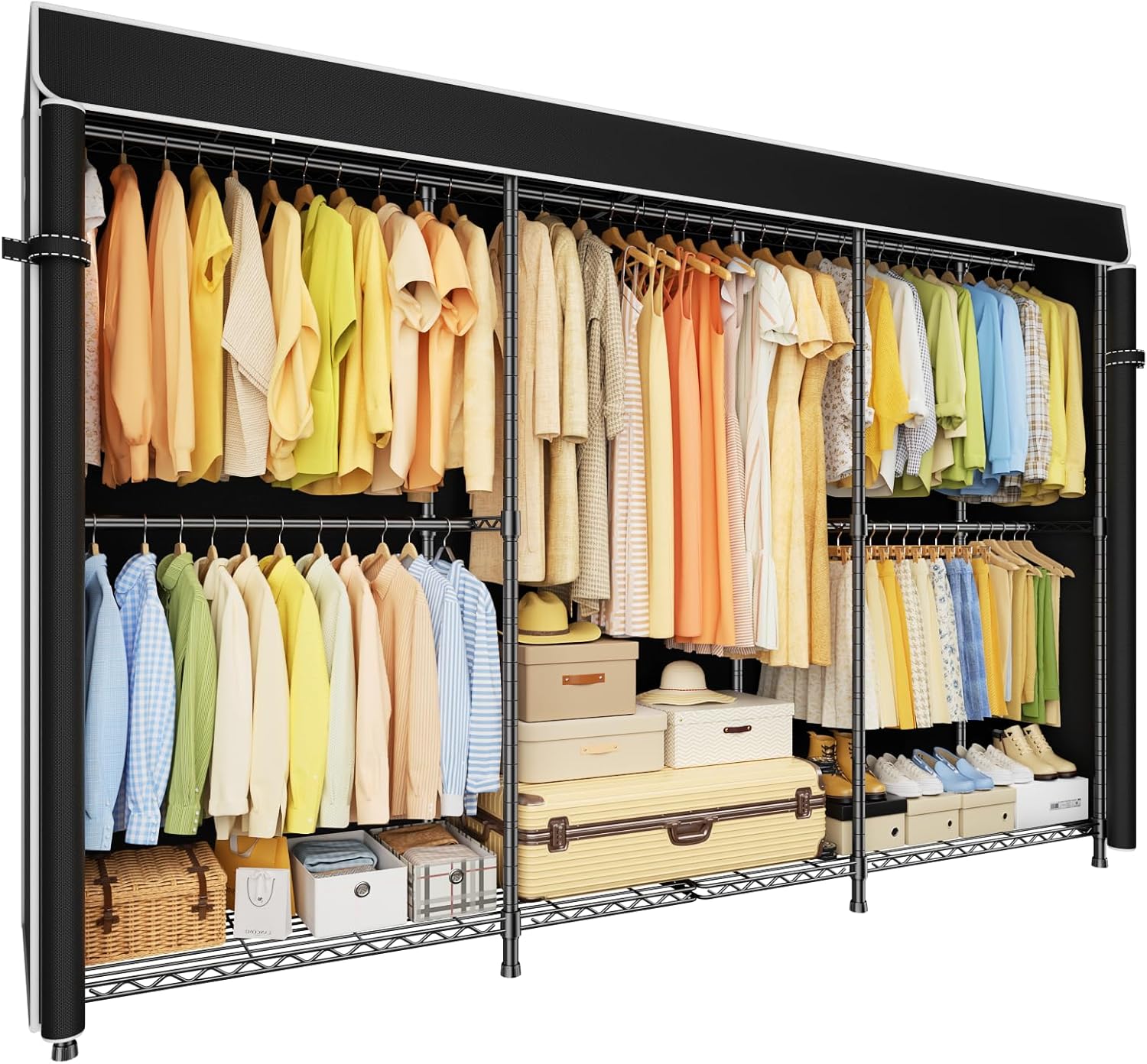 ULIFHOME E14C Max Heavy Duty Closet Organizer System，Freestanding Clothing Racks for Hanging Clothes，Adjustable Garment Rack 86' W × 16' D × 77' H Hold 1060 lbs，Black Rack with Black Cover