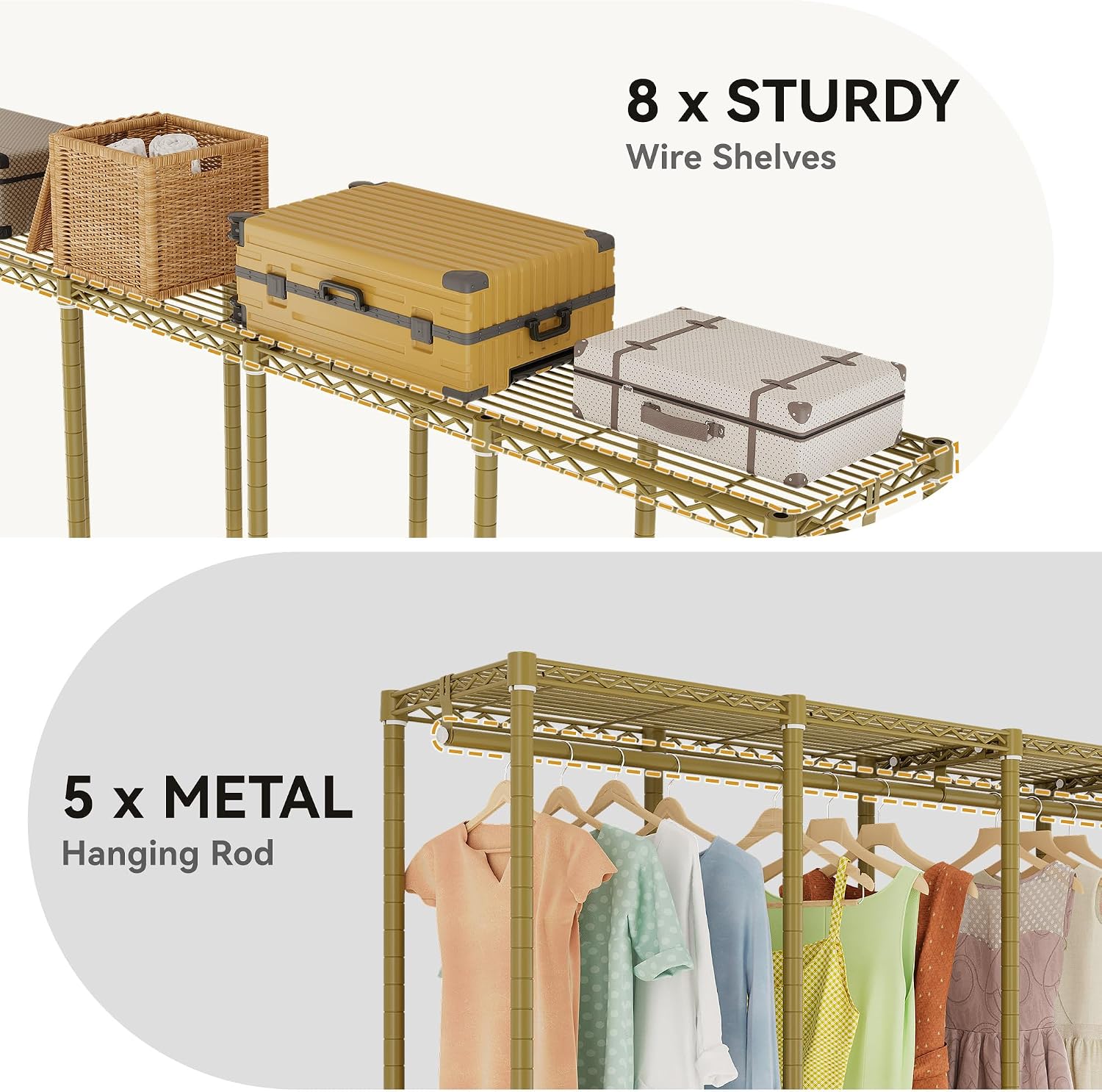 Higeego H5 Large Wire Garment Rack, Heavy Duty Clothes Racks, Wardrobe Closet Rack for Hanging Clothes, Freestanding Clothing Racks with Adjustable Shelf, 93.3' Wx15.7 Dx75.4 H, Gold, Load 1400 lbs