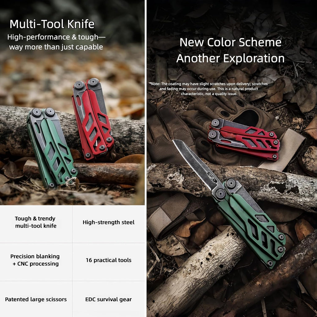 Multitool, 16-in-1 Full-Size, Lightweight EDC, Multi-Purpose Pliers, Pocket Knife, Scissors, Tactical Gear, Tools, Gifts for Guys, Equipment for Emergencies, Hiking, and Outdoor Camping (Red)