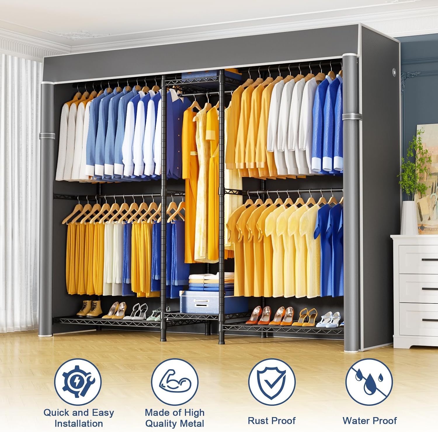 Ulif E12C Pro Heavy Duty Closet Organizer System，Freestanding Clothing Racks for Hanging Clothes，Adjustable Garment Rack 71'W x 16'D x 76.5'H Hold 960lbs，Black Clothing Rack with Grey Dustproof Cover
