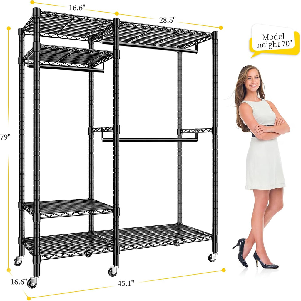 Raybee Clothes Rack Loads 780LBS, Clothes Rack for Hanging Clothes, Heavy Duty Clothing Racks with Wheels, Freestanding & Tool-Free Adjustable Metal Portable Closet with Shelves, Black