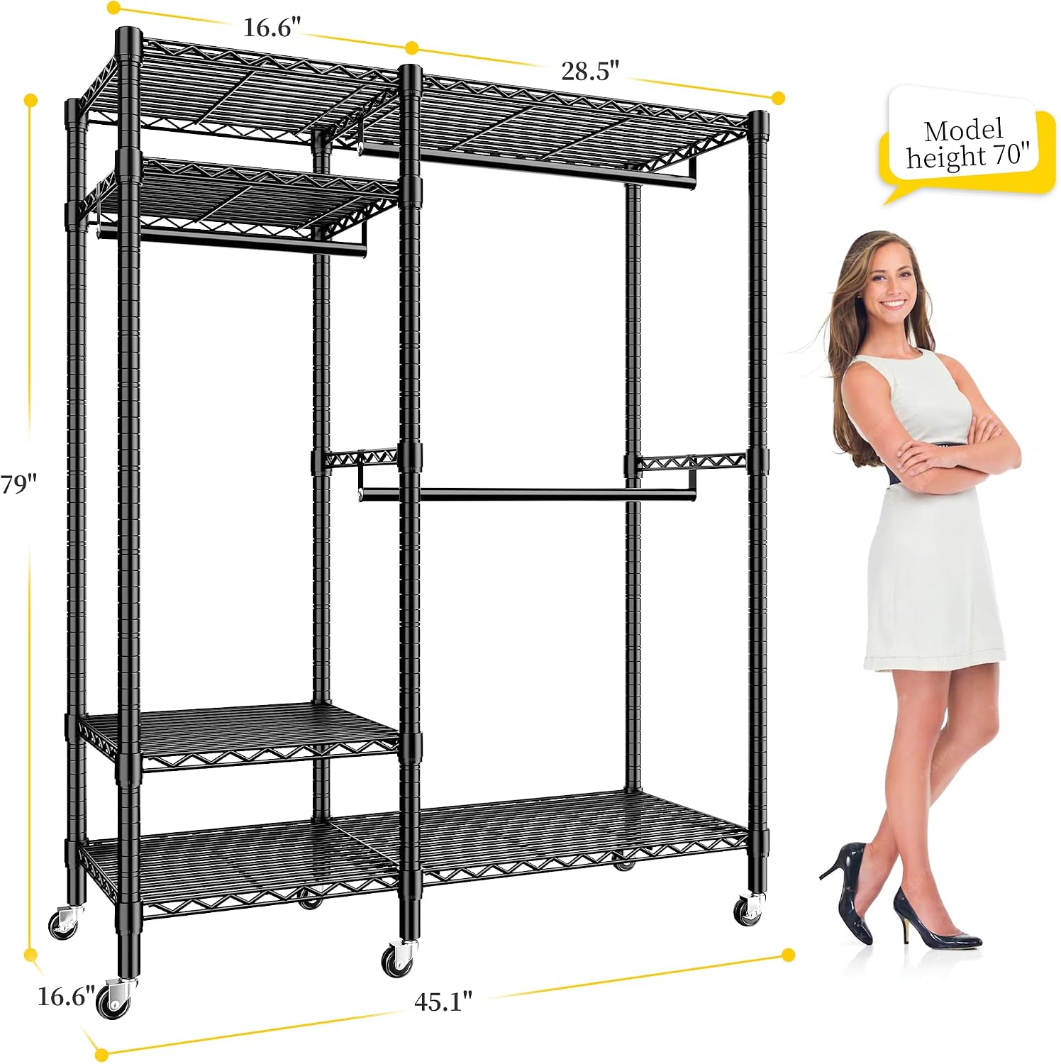 Raybee Clothes Rack Loads 780LBS, Clothes Rack for Hanging Clothes, Heavy Duty Clothing Racks with Wheels, Freestanding & Tool-Free Adjustable Metal Portable Closet with Shelves, Black