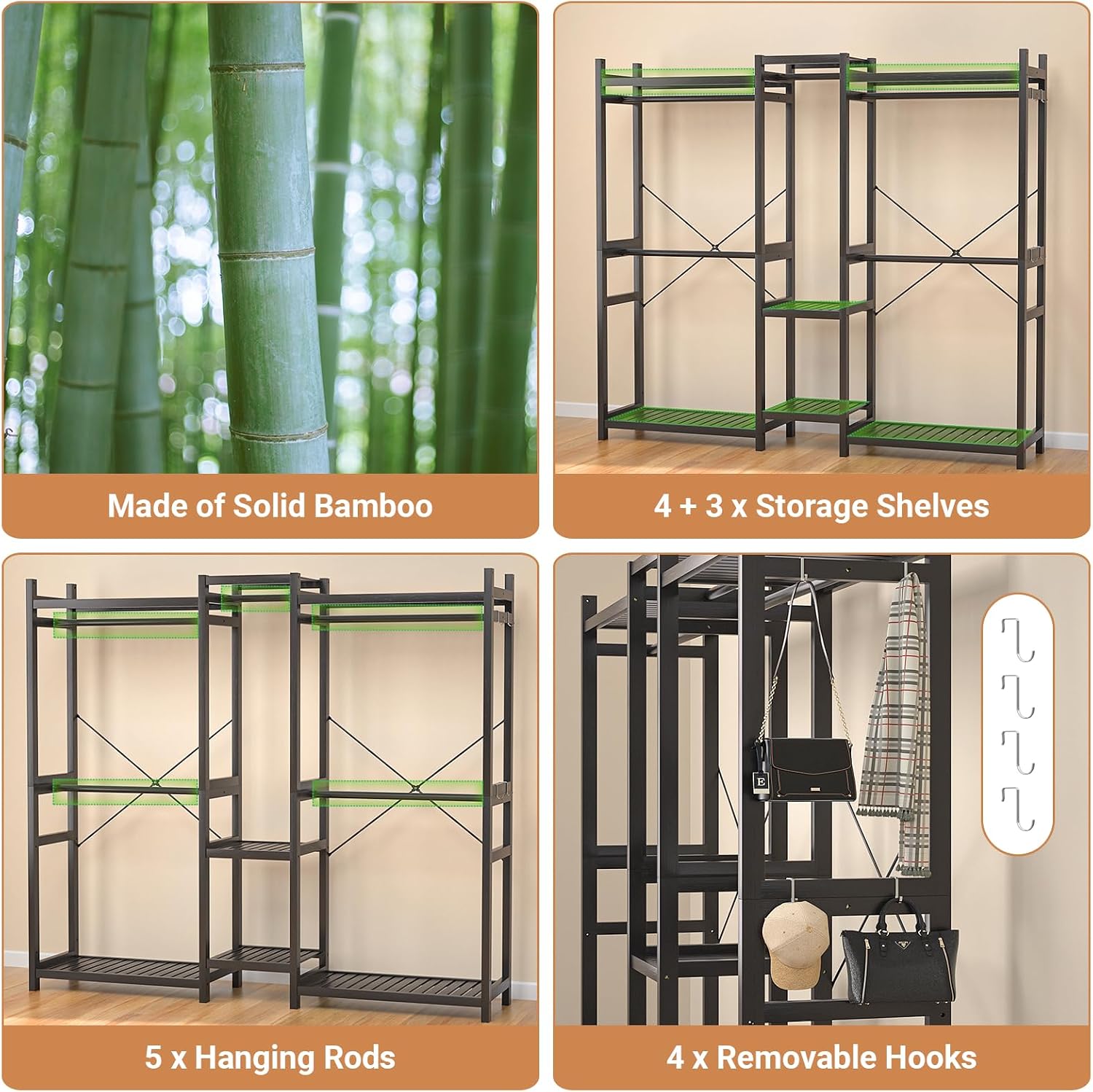Homykic Bamboo Closet System, Large Clothing Rack for Hanging Clothes, Freestanding Clothes Rack with 7 Shelves & 5 Hanging Rods, Open Wardrobe Closet Organizer Garment Rack with 4 Hooks, Dark Black