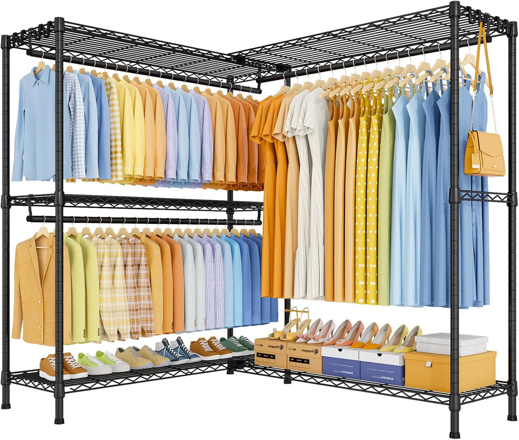 ULIFHOME E15 Max Garment Rack L Shaped Clothes Rack for Corner，Freestanding Clothing Racks for Hanging Clothes，Heavy Duty Closet System with 4 Hanging Rods & 8 S Hooks，57' W x 15.8' D x 78.4' H，Black