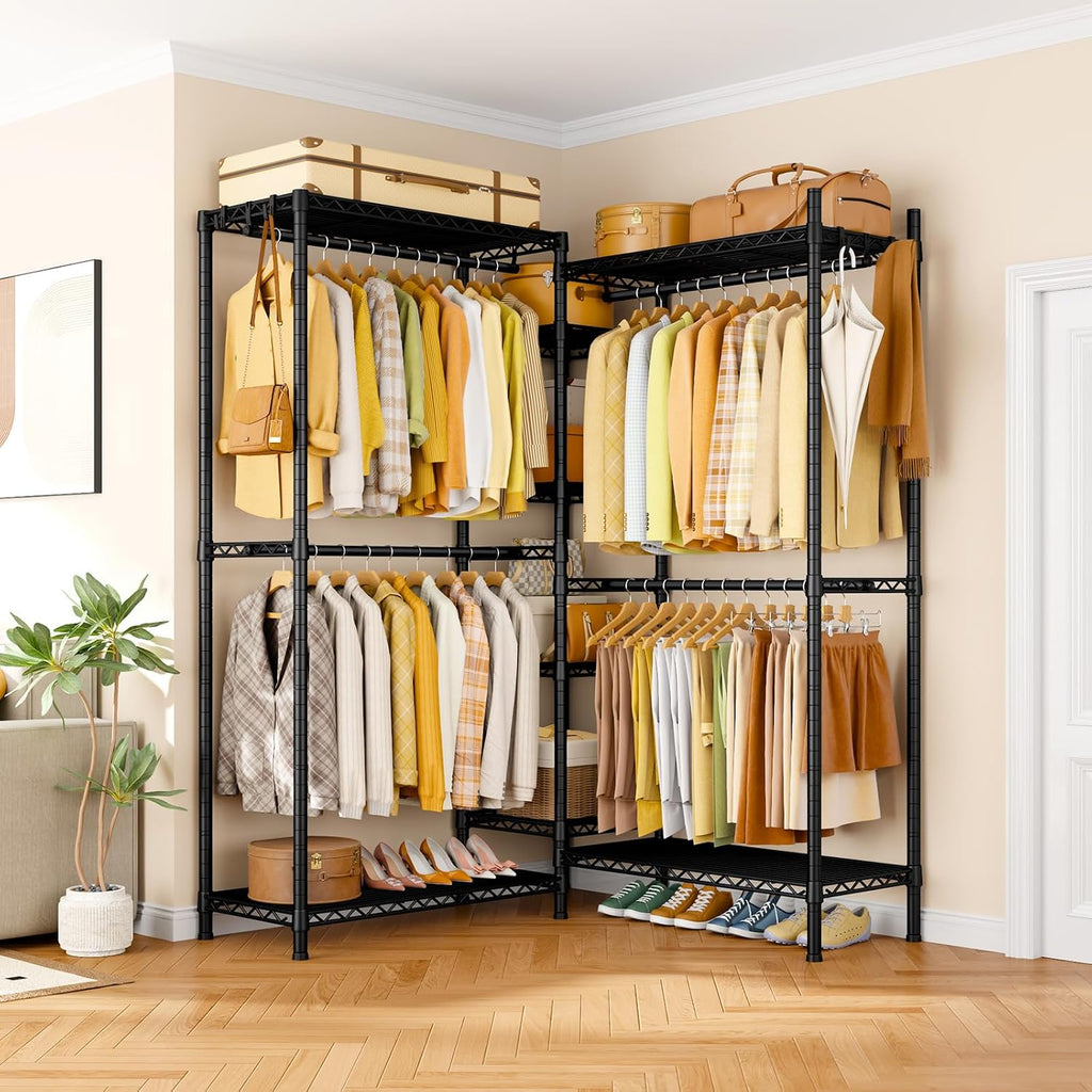 Ulif E4L L-shaped Clothes Rack for Corner, Heavy Duty Freestanding Garment Rack, Metal Clothing Organization Storage System with Shelves and Hangers, Max Load 962lbs, 42.7'W x 42.7'D x 79.3'H, Black