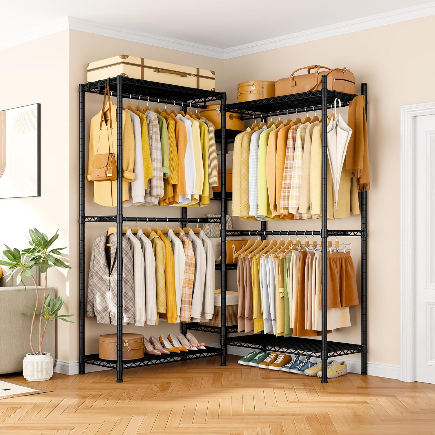 Ulif E4L L-shaped Clothes Rack for Corner, Heavy Duty Freestanding Garment Rack, Metal Clothing Organization Storage System with Shelves and Hangers, Max Load 962lbs, 42.7'W x 42.7'D x 79.3'H, Black