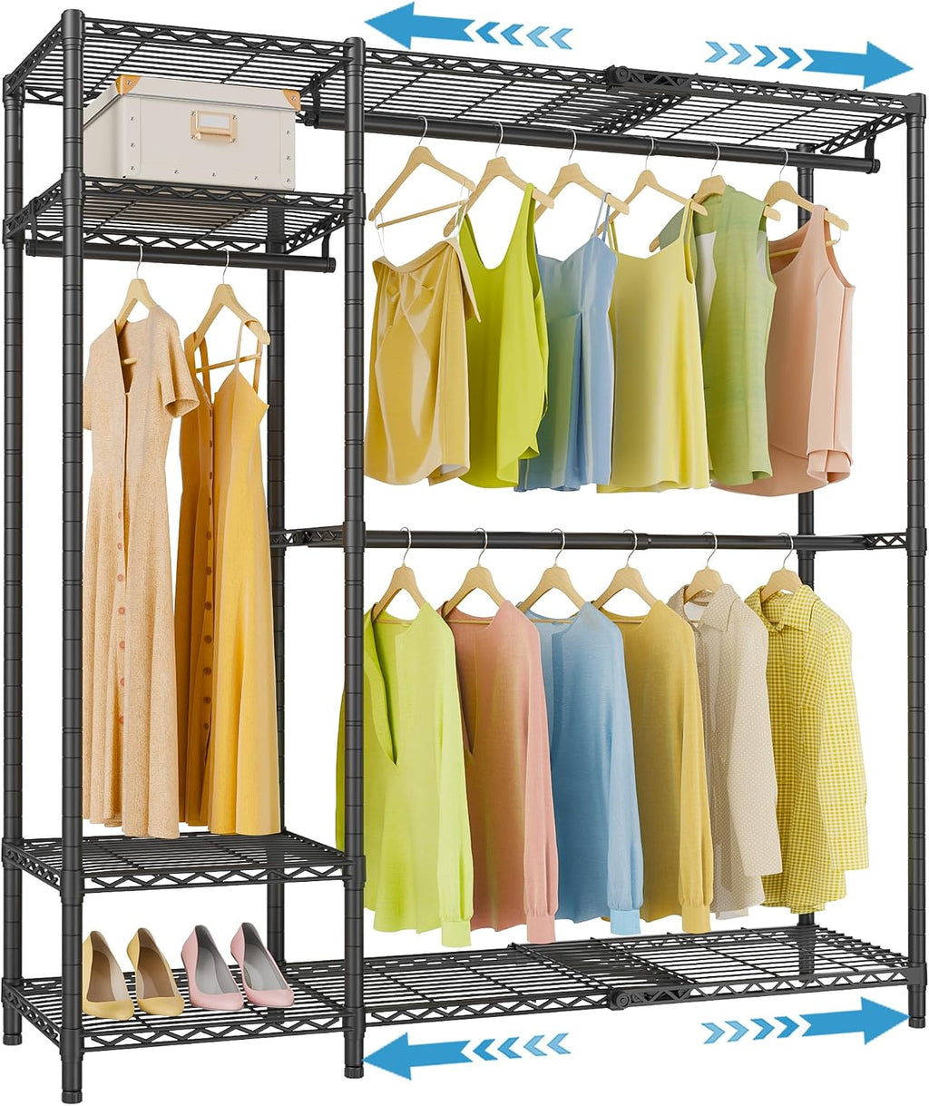 VIPEK X20 Expandable Metal Clothing Rack Adjustable from 3'3' to 4'8' Heavy Duty Garment Racks with Adjustable Shelves and Hanger Rods Portable Wardrobe Open Closet Rack System, Black