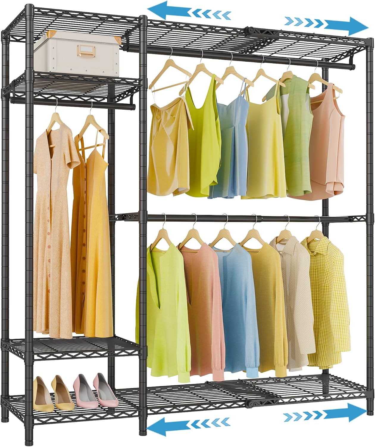 VIPEK X20 Expandable Metal Clothing Rack Adjustable from 3'3' to 4'8' Heavy Duty Garment Racks with Adjustable Shelves and Hanger Rods Portable Wardrobe Open Closet Rack System, Black