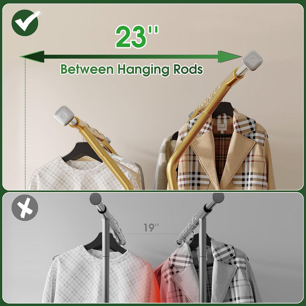 Raybee Heavy Duty Clothes Rack 630LBS, Double Rods Clothing Rack with Storage Basket, Portable Garment Rack for Heavy Clothes, Extendable & Adjustable, Bedroom, Closet, Commercial, Gold