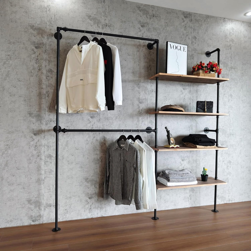 Industrial Pipe Clothing Rack, Wall Mounted Garment Black Wall Hanging Clothing Rack, Heavy Duty Clothes Rack for Walk in Closet Storage, Laundry Room, 14.6x76x82.7 Inches, Model Y02