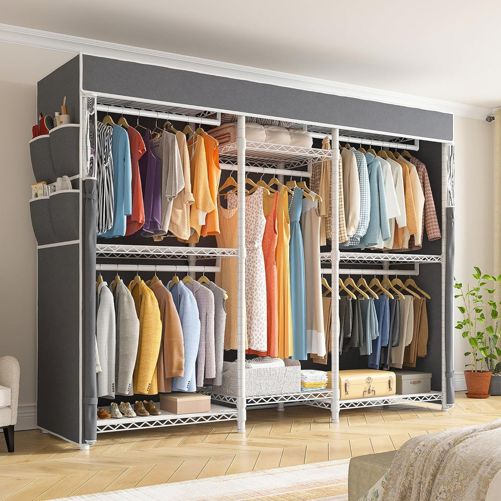 Raybee Clothing Rack with Cover Heavy Duty Clothes Rack with Shelves,Portable, Adjustable,Metal,Max Load 900lbs,White