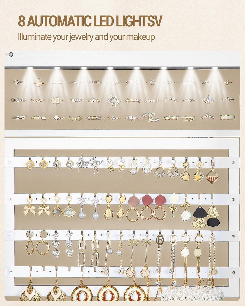 Hzuaneri 8 LEDs Jewelry Cabinet Armoire, 66.9-inch Jewelry Organizer with Garment Rack, Lockable Full-length Mirror with 4 Wheels, Storage Shelves with Hooks, 5-in-1, White and Beige JC17003BE