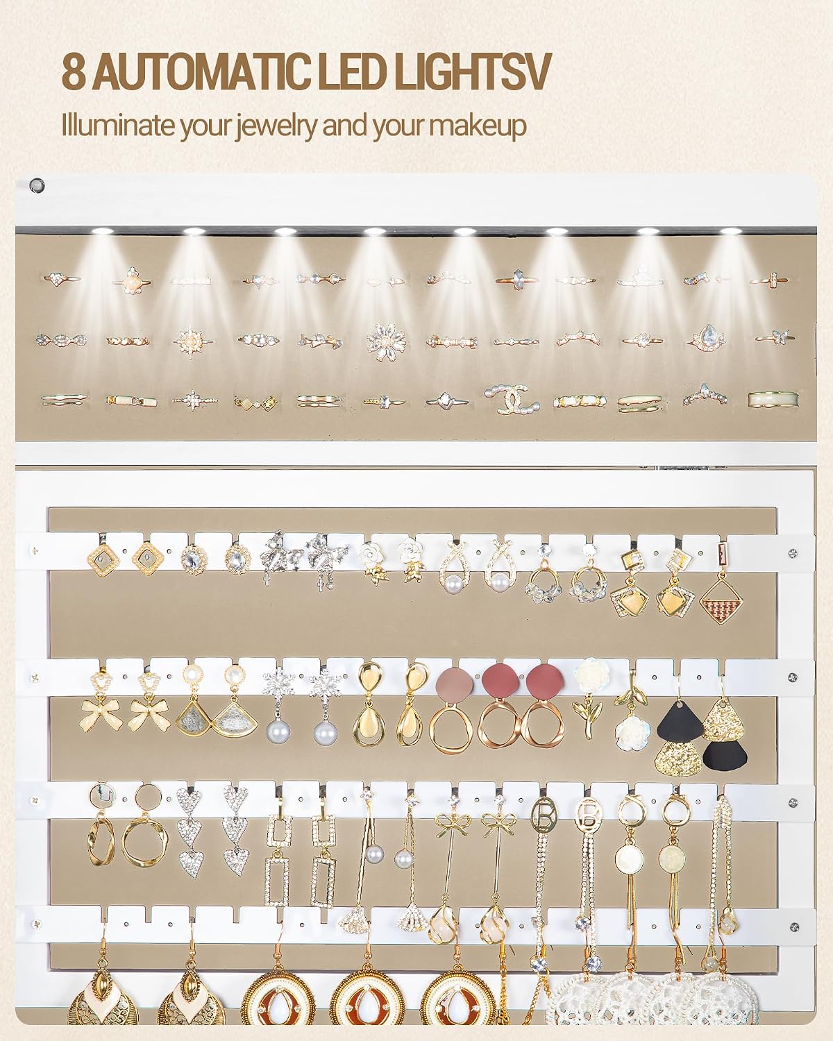 Hzuaneri 8 LEDs Jewelry Cabinet Armoire, 66.9-inch Jewelry Organizer with Garment Rack, Lockable Full-length Mirror with 4 Wheels, Storage Shelves with Hooks, 5-in-1, White and Beige JC17003BE