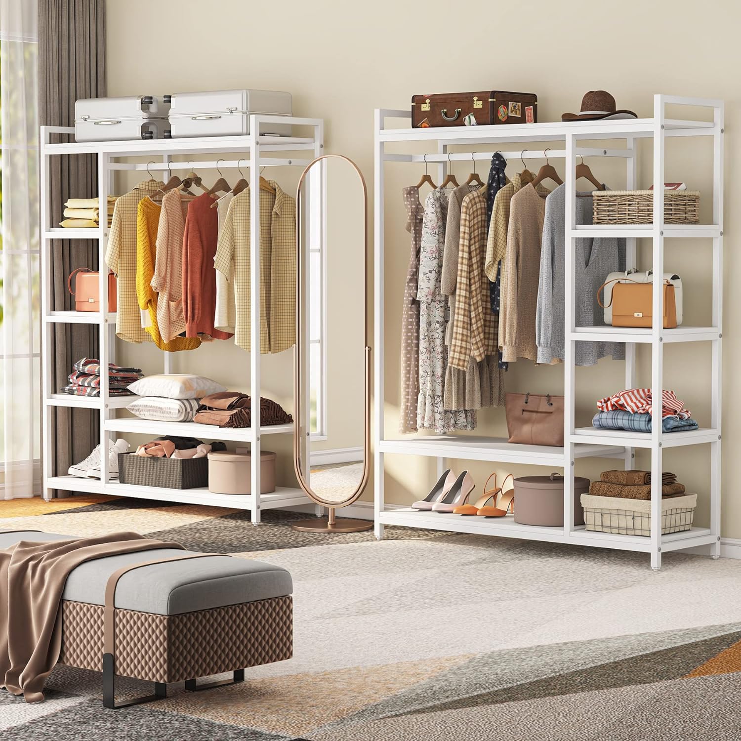 LITTLE TREE Free Standing Wood Closet Clothes Rack,Heavy Duty Grament Rack with Shelves,Hanging Racks for Clothes Clothing Rack for Bedrom,Wardrobe Closet Organizer,350 lb Capacity