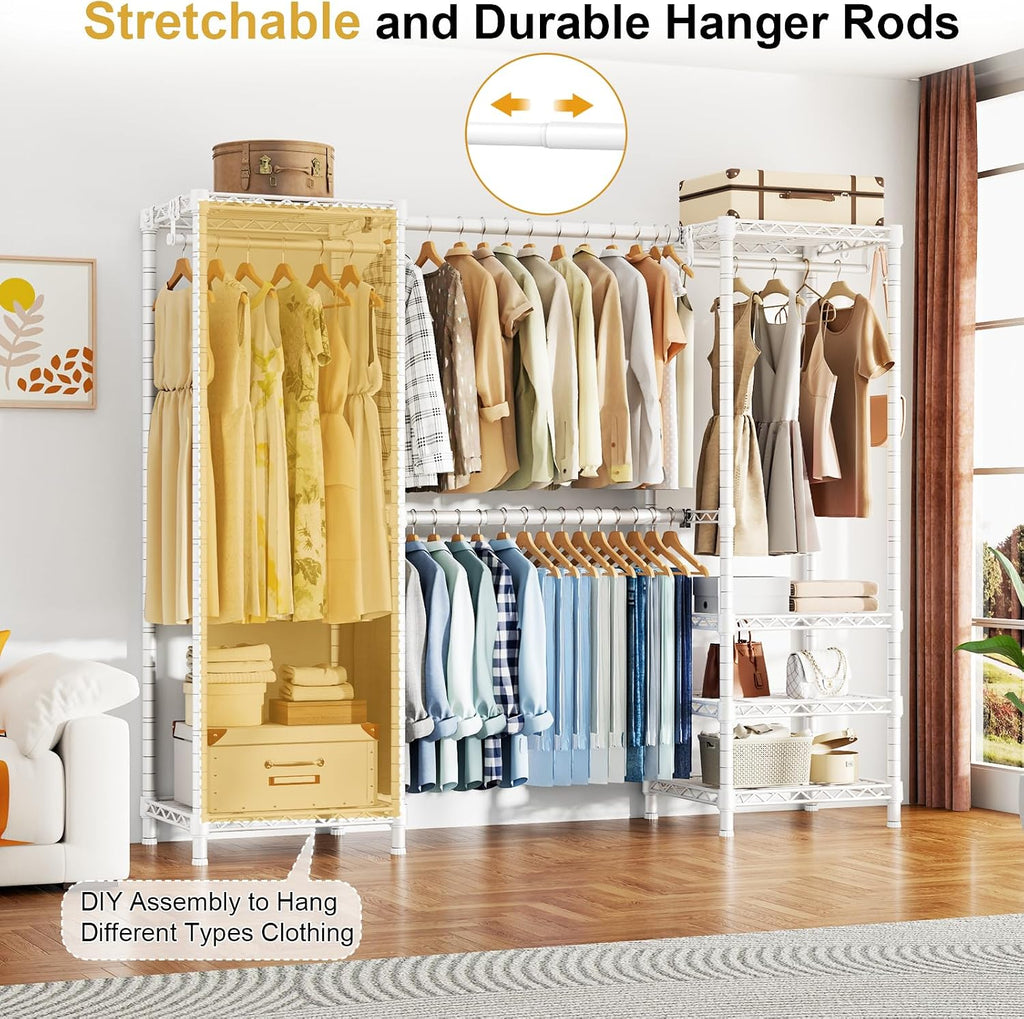 Ulif E7 Heavy Duty Garment Rack, Clothes Organizer and Storage Rack with Expandable Hangers, Metal Clothing Rack with 6 Wire Shelves, (52.3'-72') W x 14.5' D x 71.2' H, Load 838 LBS, White