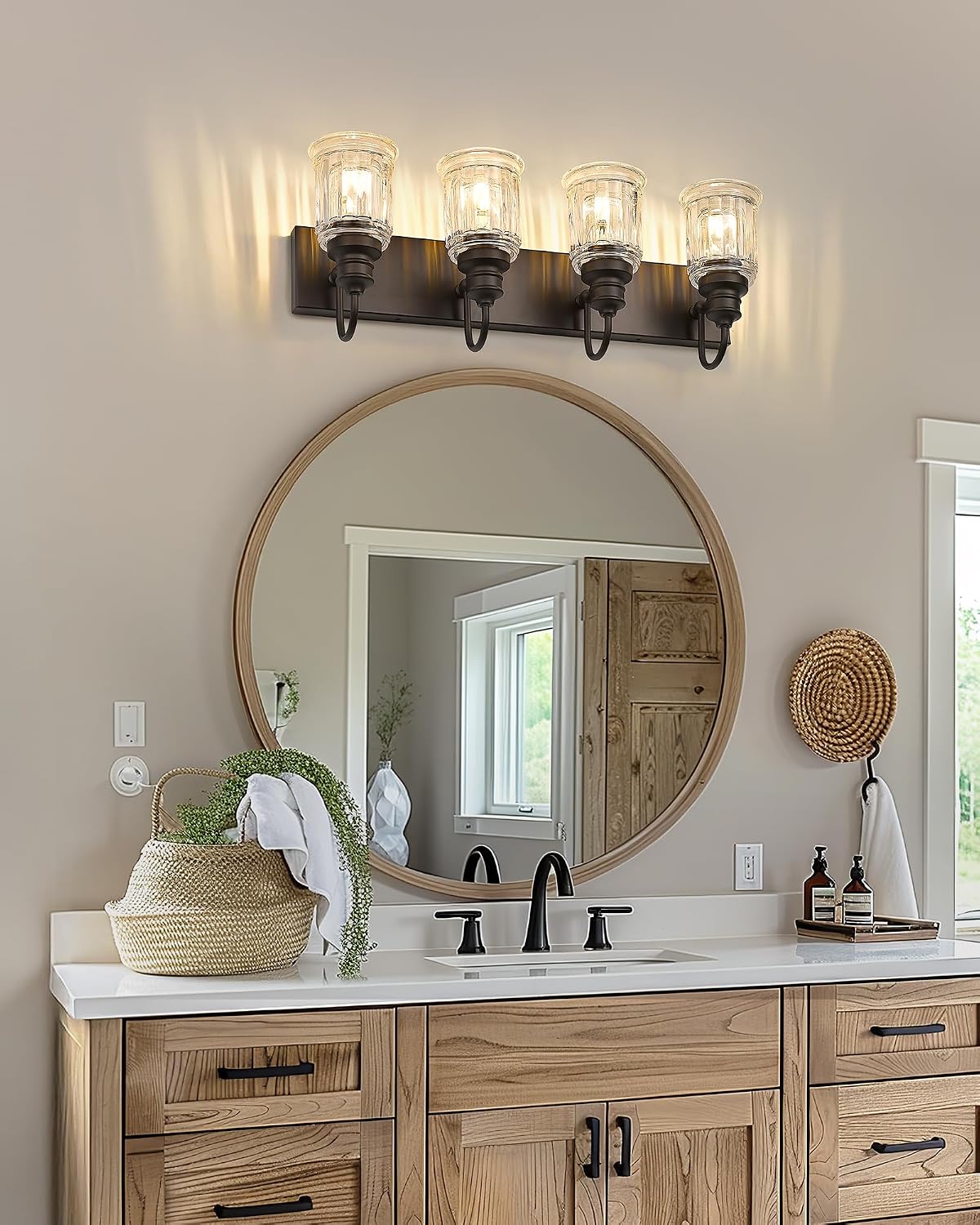 Bathroom Vanity Light - HWH 4-Light Vanity Lights for Bathroom Wall Mounted Light Fixtures Over Mirror, Oil Rubbed Bronze Vanity Light with Bell-Shaped Clear Glass, 5HZG106B-4W ORB