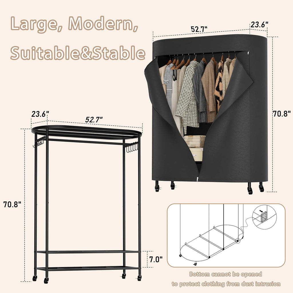 Clothes Rack with Cover, Heavy Duty Portable Closet for Hanging Clothes, Rolling Clothing Closet, Garment Rack with Wheels&Side Hooks, Closet Organizers and Storage with Black Cover, Max Load 380LBS