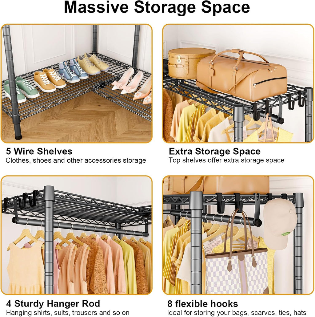 ULIFHOME E15 Garment Rack L Shaped Clothes Rack for Corner，Freestanding Clothing Racks for Hanging Clothes，Heavy Duty Closet Organizer with 4 Hanging Rods & 8 S Hooks，43.4' W x 15.8' D x 78.4' H，Grey
