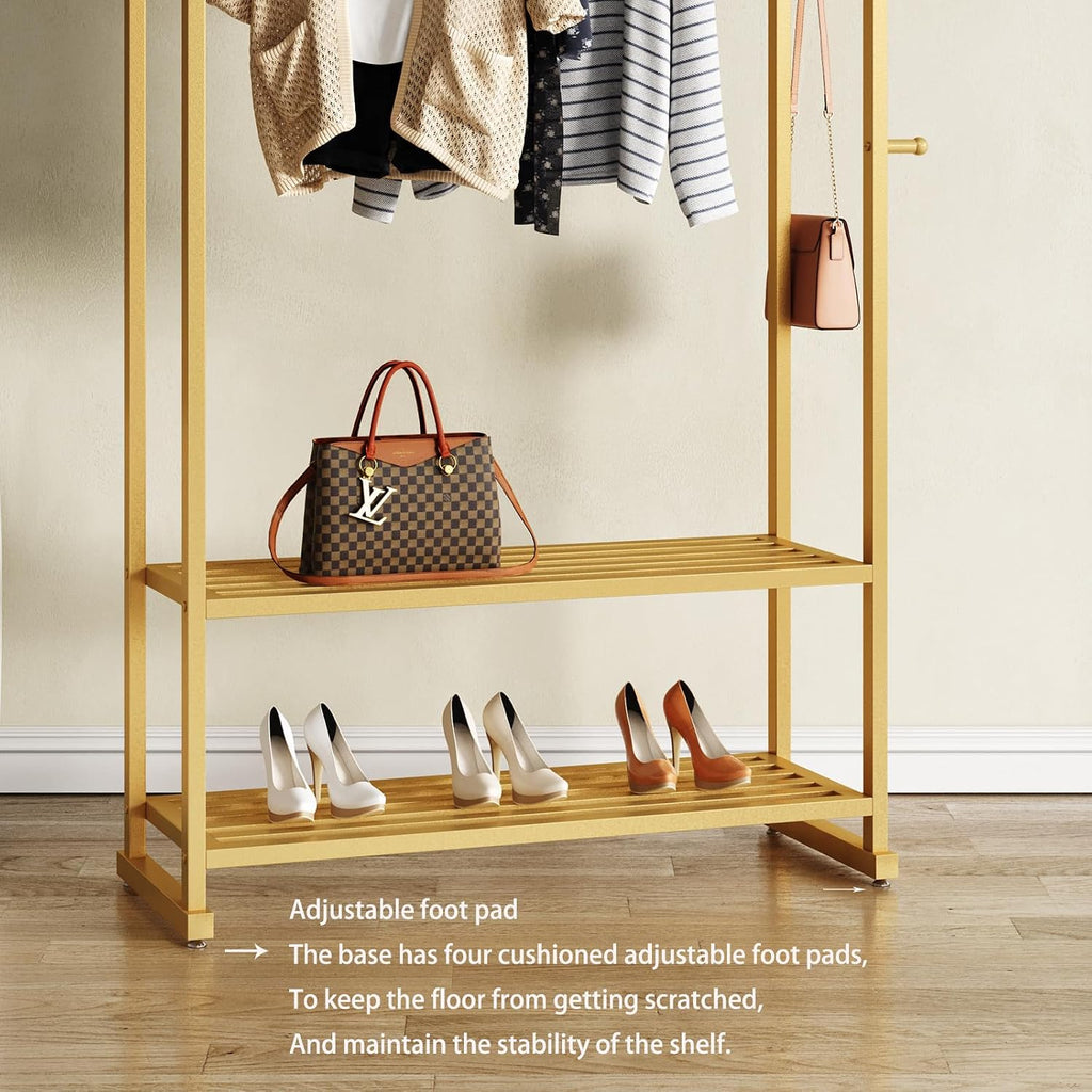 Gold Clothing Rack with 2 Shelves and Side Hooks,Freestanding Metal Garment Rack for Hanging Clothes,Heavy Duty Clothes Rack with Shoe Storage,Modern Clothing Rack for Bedroom,Entryway,Closet