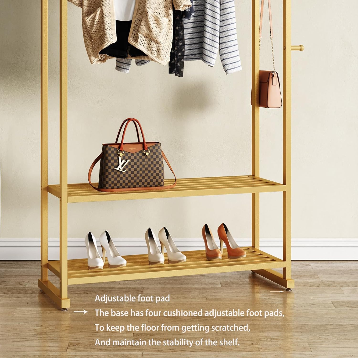 Gold Clothing Rack with 2 Shelves and Side Hooks,Freestanding Metal Garment Rack for Hanging Clothes,Heavy Duty Clothes Rack with Shoe Storage,Modern Clothing Rack for Bedroom,Entryway,Closet