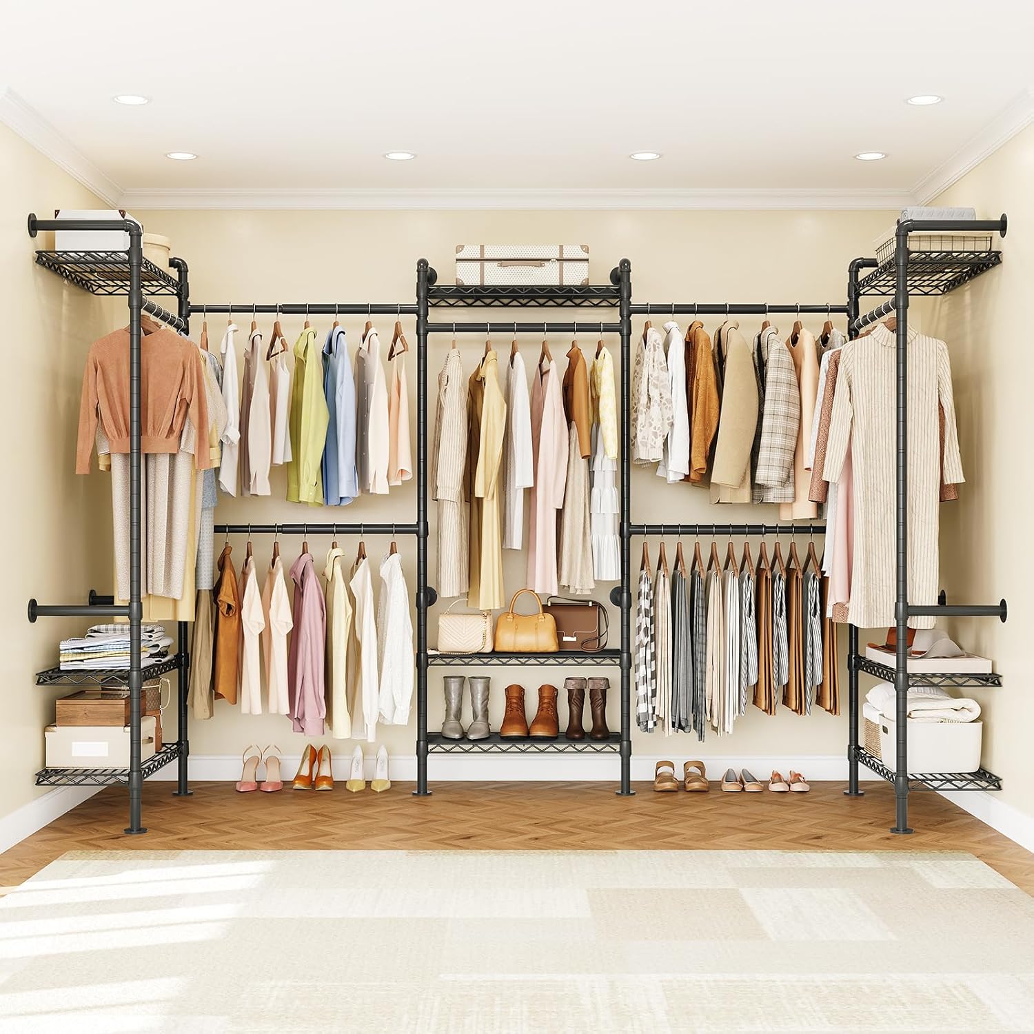 U5 Wall Mounted Closet System, Industrial Pipe Clothing Rack Garment Racks for Hanging Clothes, Heavy Duty Closet Organizers System in Wardrobe Closet, Black