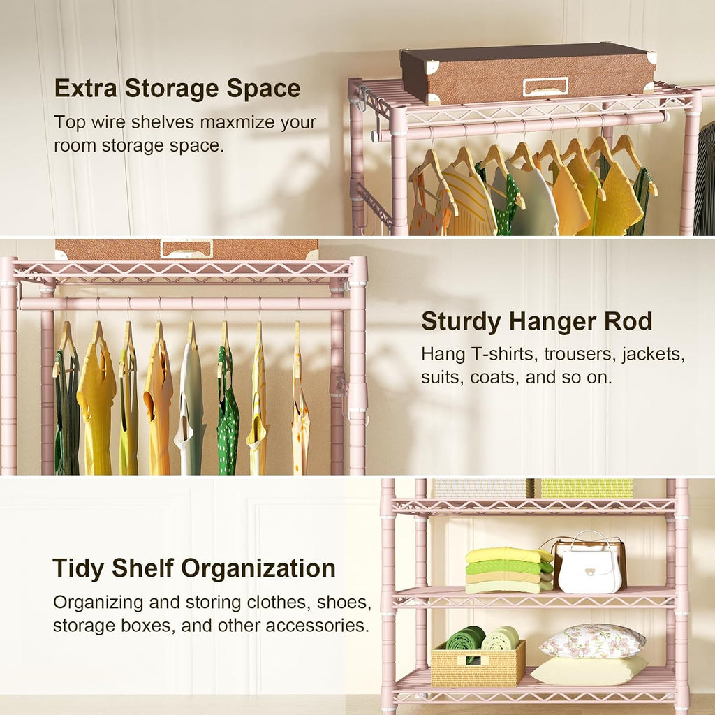 Ulif E1 Heavy Duty Closet Garment Rack, 6 Tiers Adjustable Metal Freestanding Expandable Clothing Storage with 4 Hanger Rods, Easy to Assemble Wardrobe, 71.4' H x (70' - 88.2') L x 14' D, Pink