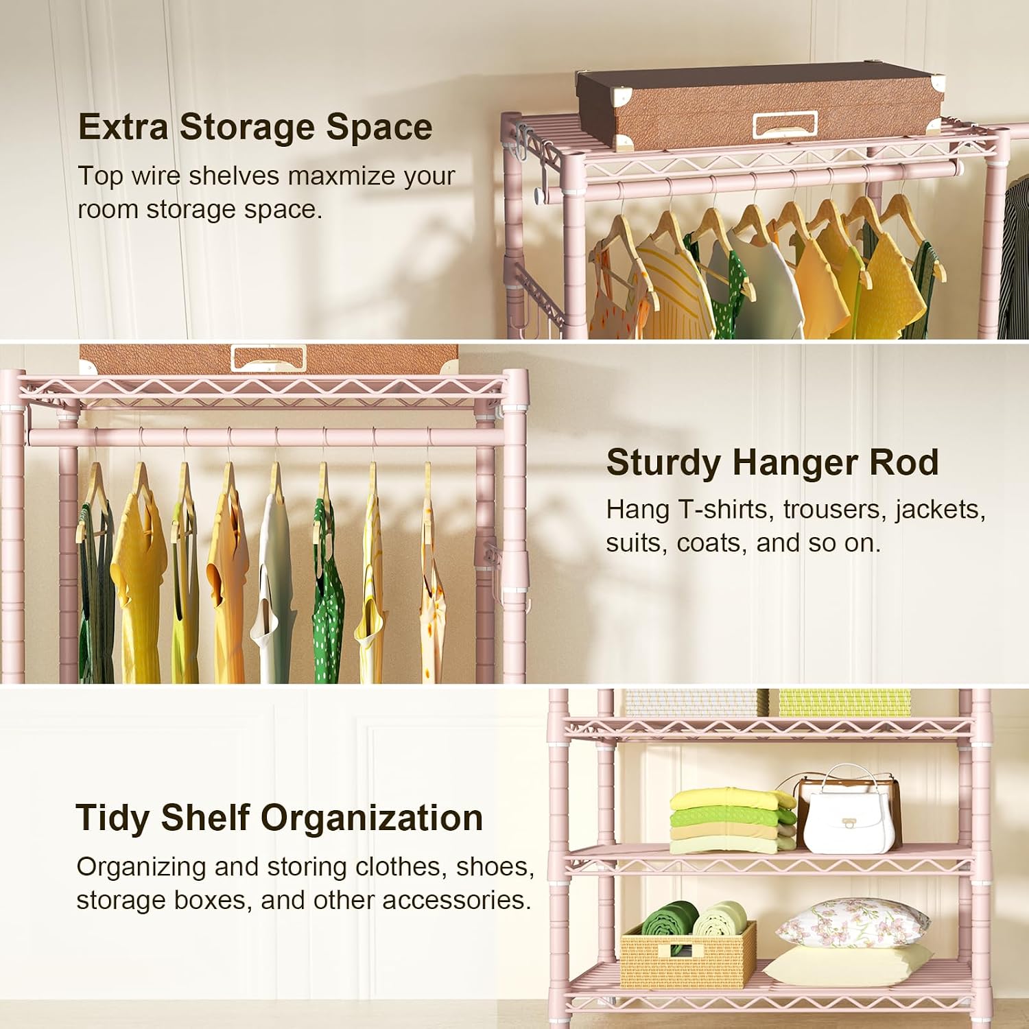Ulif E1 Heavy Duty Closet Garment Rack, 6 Tiers Adjustable Metal Freestanding Expandable Clothing Storage with 4 Hanger Rods, Easy to Assemble Wardrobe, 71.4' H x (70' - 88.2') L x 14' D, Pink