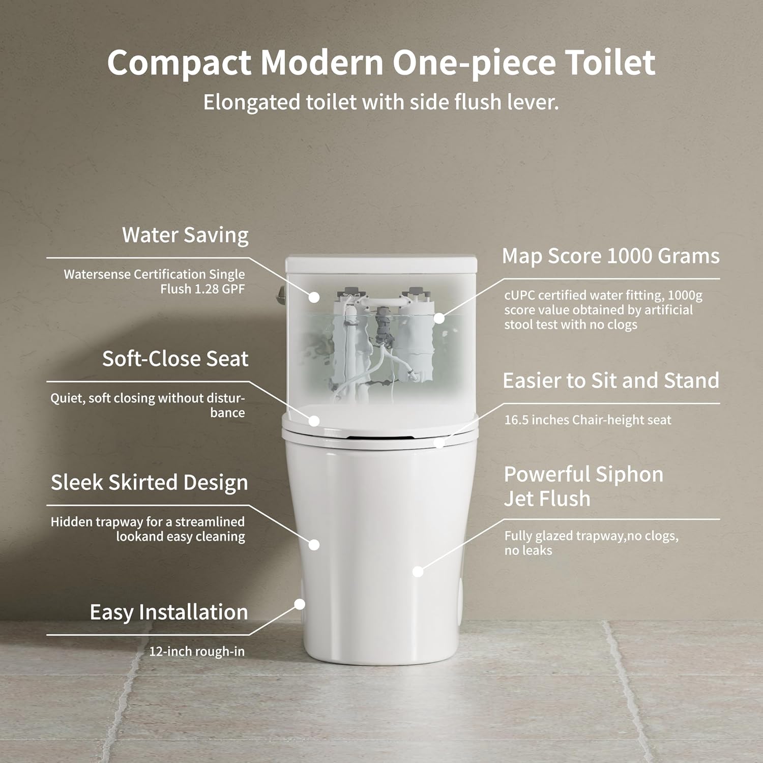 KE KING One Piece Toilet with Powerful Flush, Compact Toilet Elongated Side Lever Flush 1.28 GPF, Sleek Design White Toilet Bowl, MAP Score 1000g, 12'' Rough-in, Certified Quality