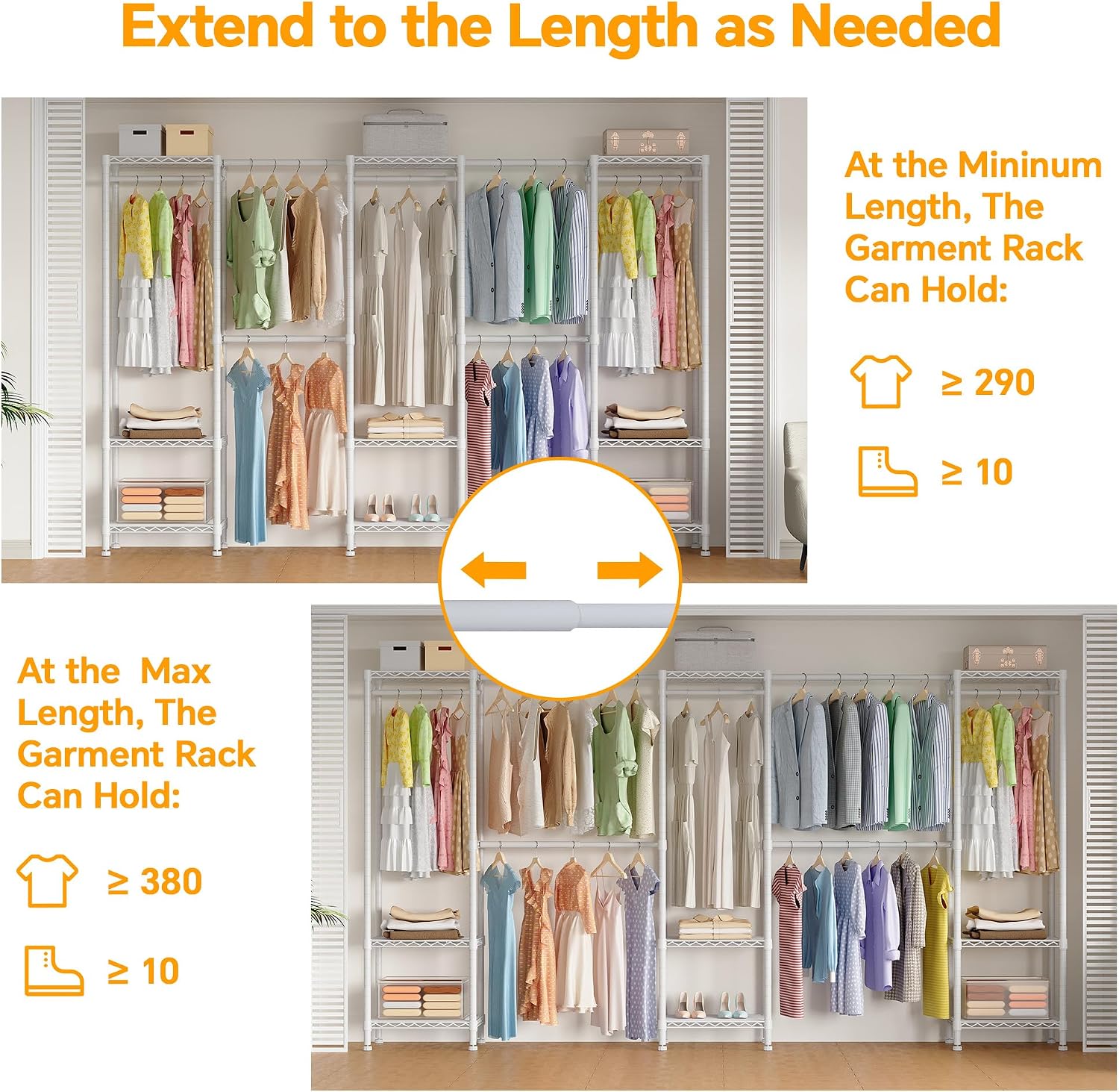 Higeego H11 Heavy Duty Garment Rack, Clothing Rack for Hanging Clothes, Extra Large Closet, Freestanding Wardrobe Closet Organizer and Storage with Hanger Rods, Extendable from 7.8 to 10.8 ft, White