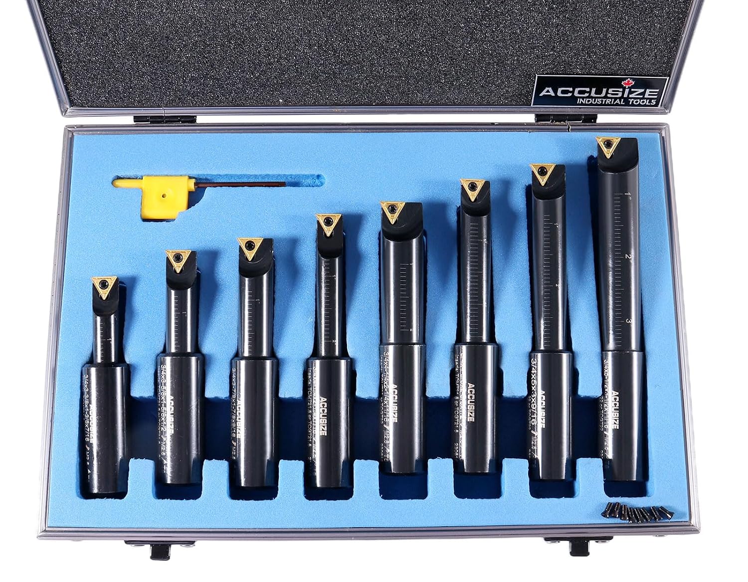 Accusize Industrial Tools Round Shank Indexable Boring Bar, 3/4 in | 8-Piece Set with TCMT 21.5 and TCMT 22 Carbide Inserts, 90 Degree, Bore Depth 1-3/8 in to 3-1/2 in, 2627-9108