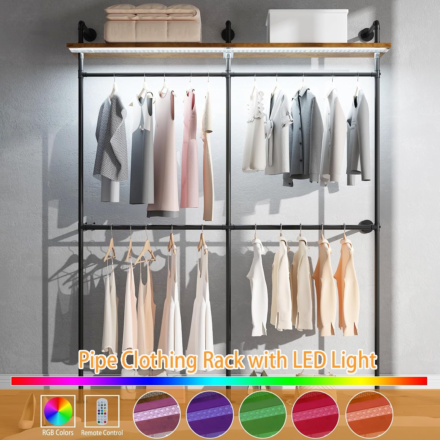 Industrial Pipe Clothing Racks with Shelves & LED Lights, 79' Wall Mounted Clothes Rack for Hanging Clothes, Heavy Duty Industrial Pipe Shelving for Walk-in Closet Storage, Black