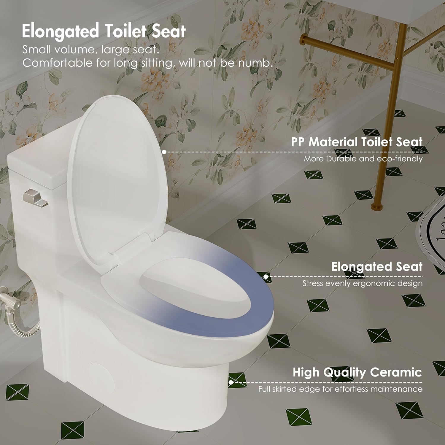 Eridanus One Piece Toilets for Bathroom, Elongated Toilet with Compact Soft Closing Seat, ADA Compliant 17' Toilet Bowl, 12' Rough in, Left Handle Powerful Flush 1.28GPF, Modern Ceramic Model 321S