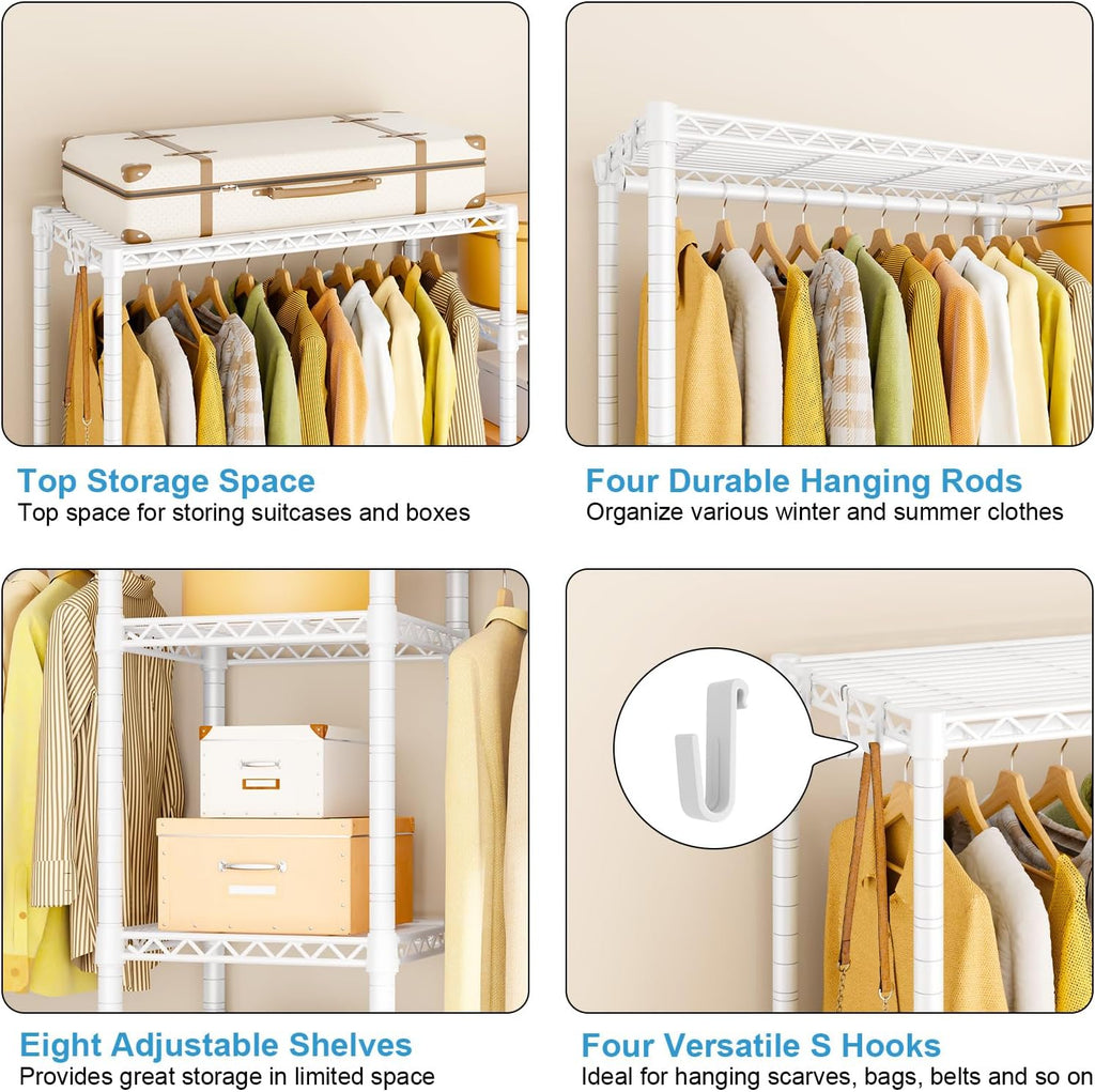 Ulif E4L L-shaped Clothing Rack for Corner, Heavy-Duty Freestanding Garment Rack, Metal Clothes Storage Organizer System with Shelves and Hangers, Max Load 962lbs, 42.7' W x 42.7' D x 79.3' H, White