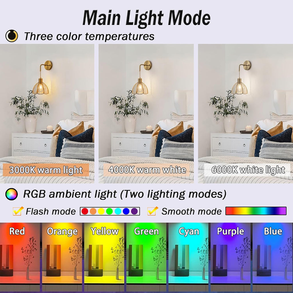 Battery Operated Wall Sconces Set Of Two, Indoor Not Hardwired Battery Wall Light With Remote Control, RGB Color Changing Dimmable Battery Powered Wall Lamp For Bedroom, Easy To Install, Bulb Included