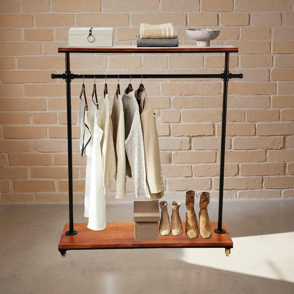 Industrial Pipe Clothing Rack, Pine Wood Shelving, Shoes Rack with Wheels, Cloth Hanger, Household Shoe Rack, Pipe Shelf, Garment Racks