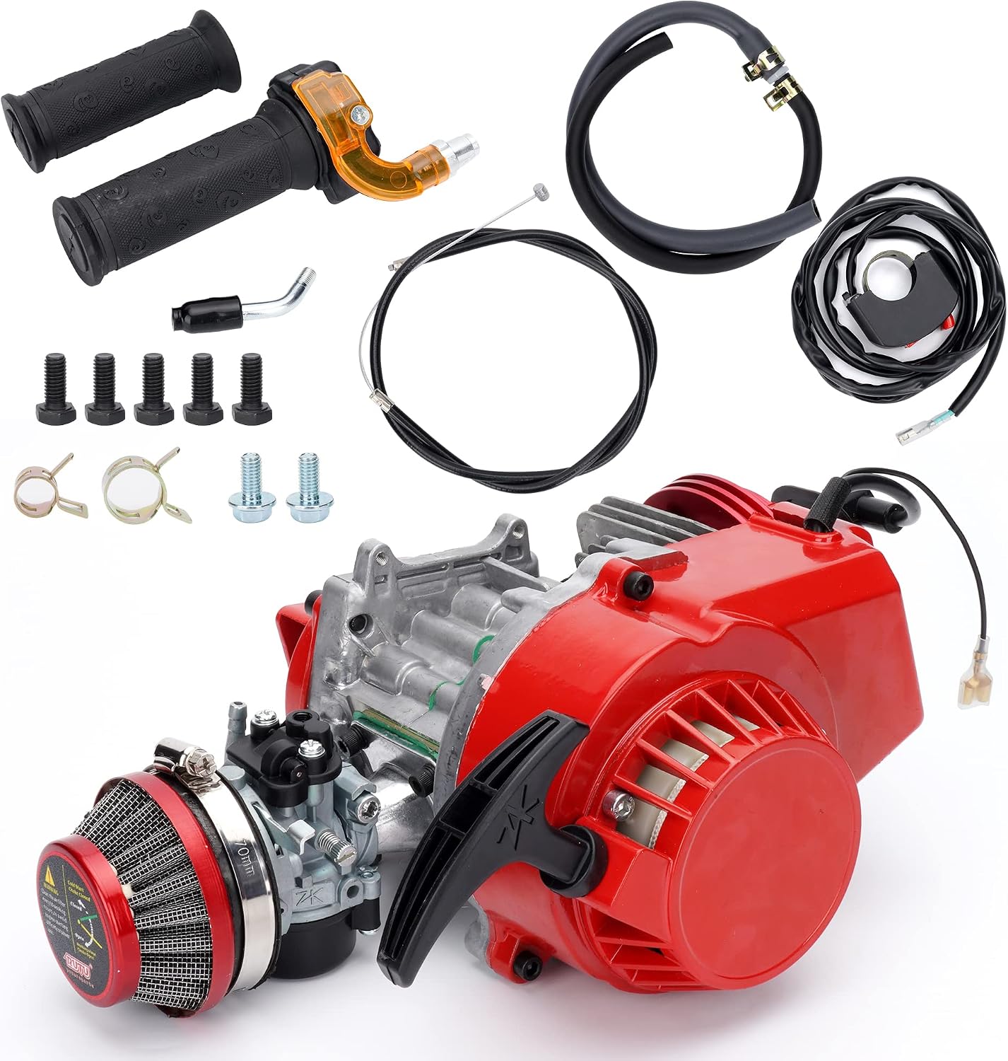 49cc 52cc Big Bore Pocket Bike Engine with Performance Cylinder CNC Engine Cover Racing Carburetor DIY Engine + Air Filter + Handle Bar + Throttle Cable
