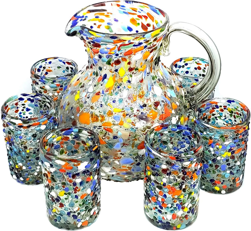 Confetti Rocks 120 oz Pitcher and 6 Drinking Glasses set, Recycled Glass, Lead-free, Toxin-Free (Pitcher & Glasses)