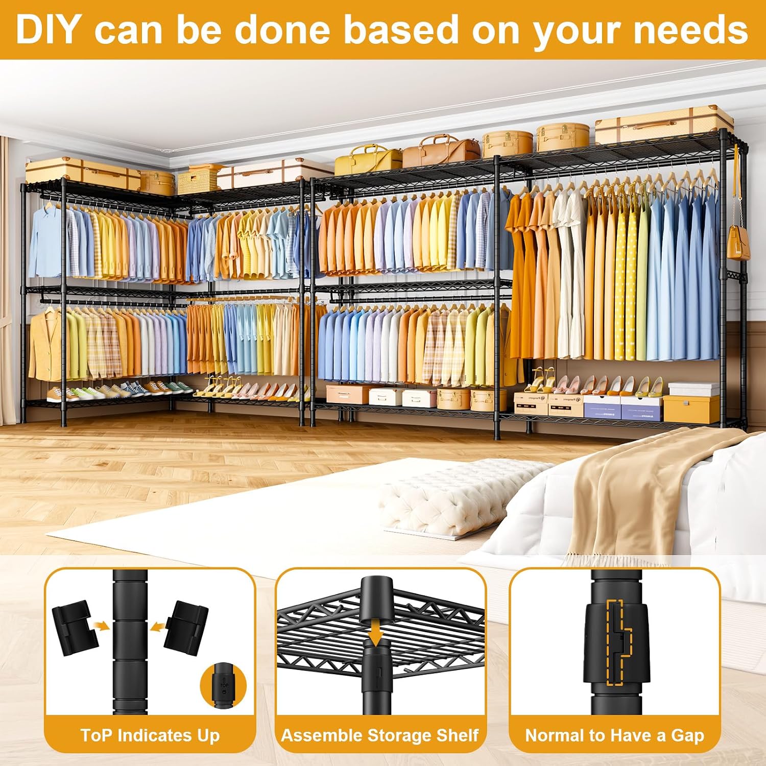 ULIFHOME E15 Max Garment Rack L Shaped Clothes Rack for Corner，Freestanding Clothing Racks for Hanging Clothes，Heavy Duty Closet System with 4 Hanging Rods & 8 S Hooks，57' W x 15.8' D x 78.4' H，Black