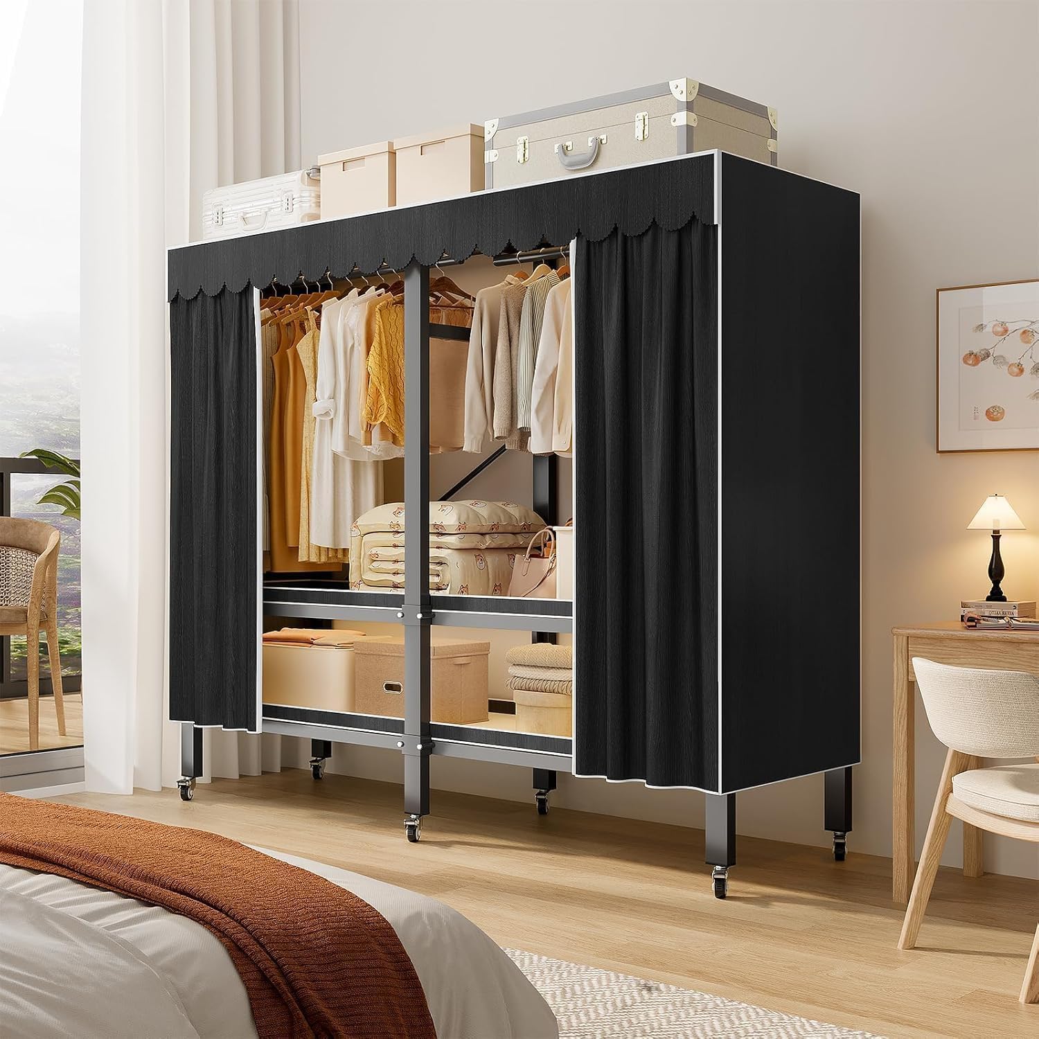 Heavy Duty Portable Closet with Cover 1200Ibs Foldable Covered Clothes Rack for Hanging Clothes Armoire Wardrobe Closet System Freestanding Coat Storage Garment Racks (150cm/59in（black）)