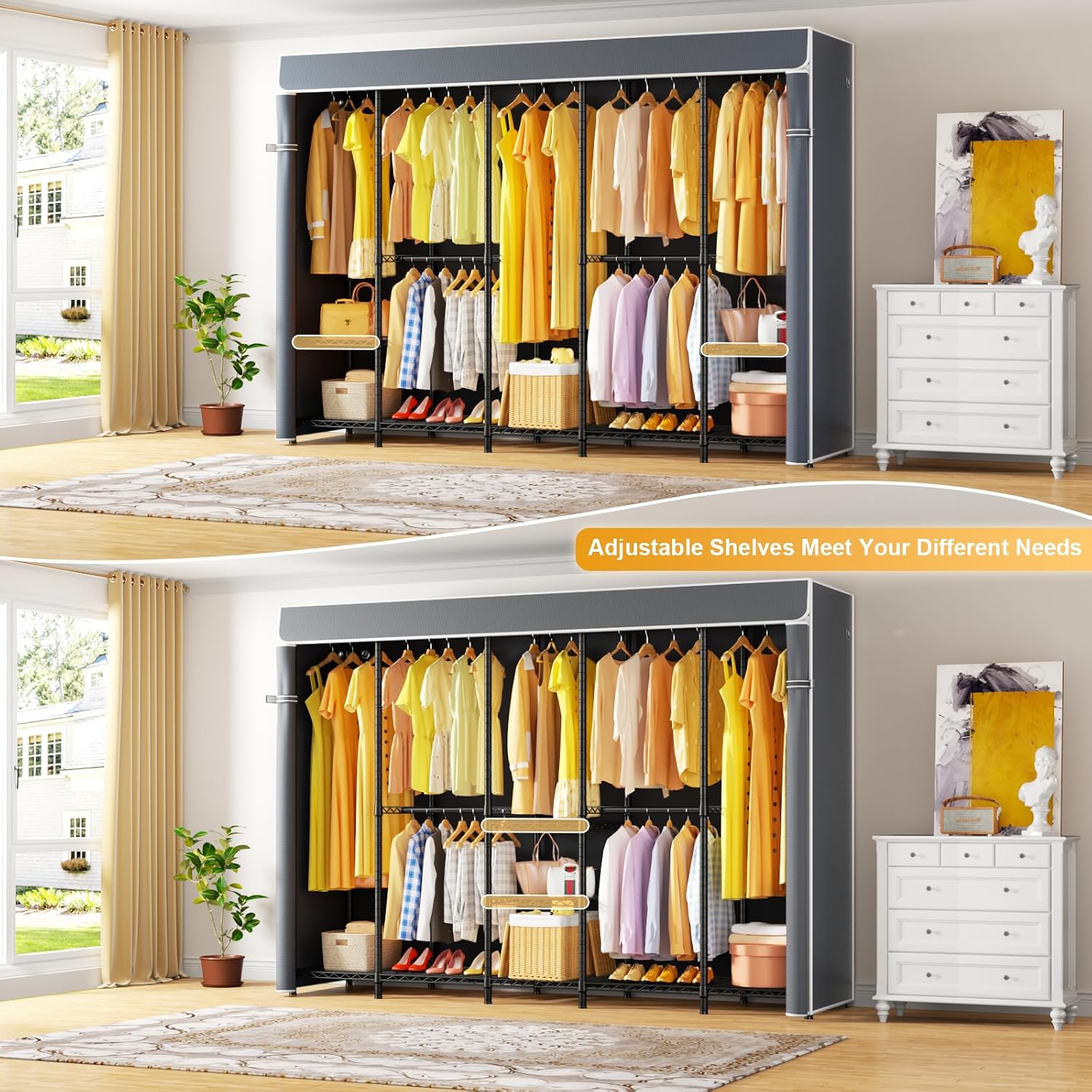 ULIFHOME H50C Extra Large Clothes Rack with Cover, Freestanding Portable Closet, Covered Clothing Racks for Hanging Clothes, Heavy Duty Garment Rack, Wardrobe Closet with Gray Cover Max Load 1350 Lbs