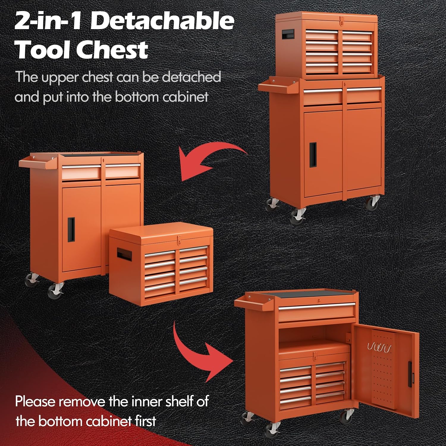 IRONMAX 5-Drawer Rolling Tool Chest, 2-in-1 Detachable Heavy Duty Tool Box Storage Cabinet with Auto Lock, Adjustable Shelf & Hooks, Metal Toolbox on Wheels for Garage Workshop (Orange)