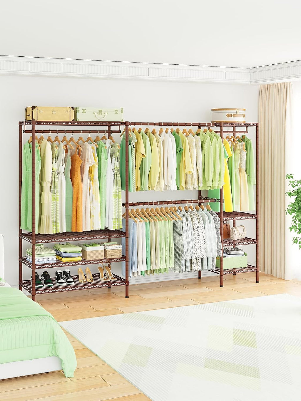 Ulif E11 Heavy-Duty Garment Rack, Metal Freestanding Clothes Rack and Closet Storage Organizer System with 8 Shelves and 4 Hanger Rods, (73.2-97.6)' W x 14.5' D x 71.2' H, Load 1034 LBS, Bronze