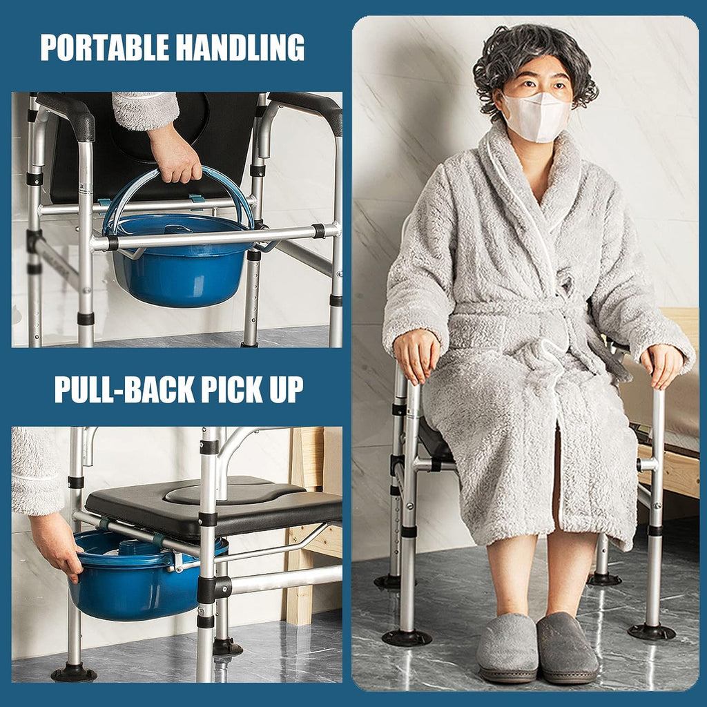 Padded Beside Commode Chair 3 in 1 Shower Seat for Toilet with Arms, Heavy Duty Adult Bathroom Commode Chair Aluminum Alloy Frame, PU Leather Padded