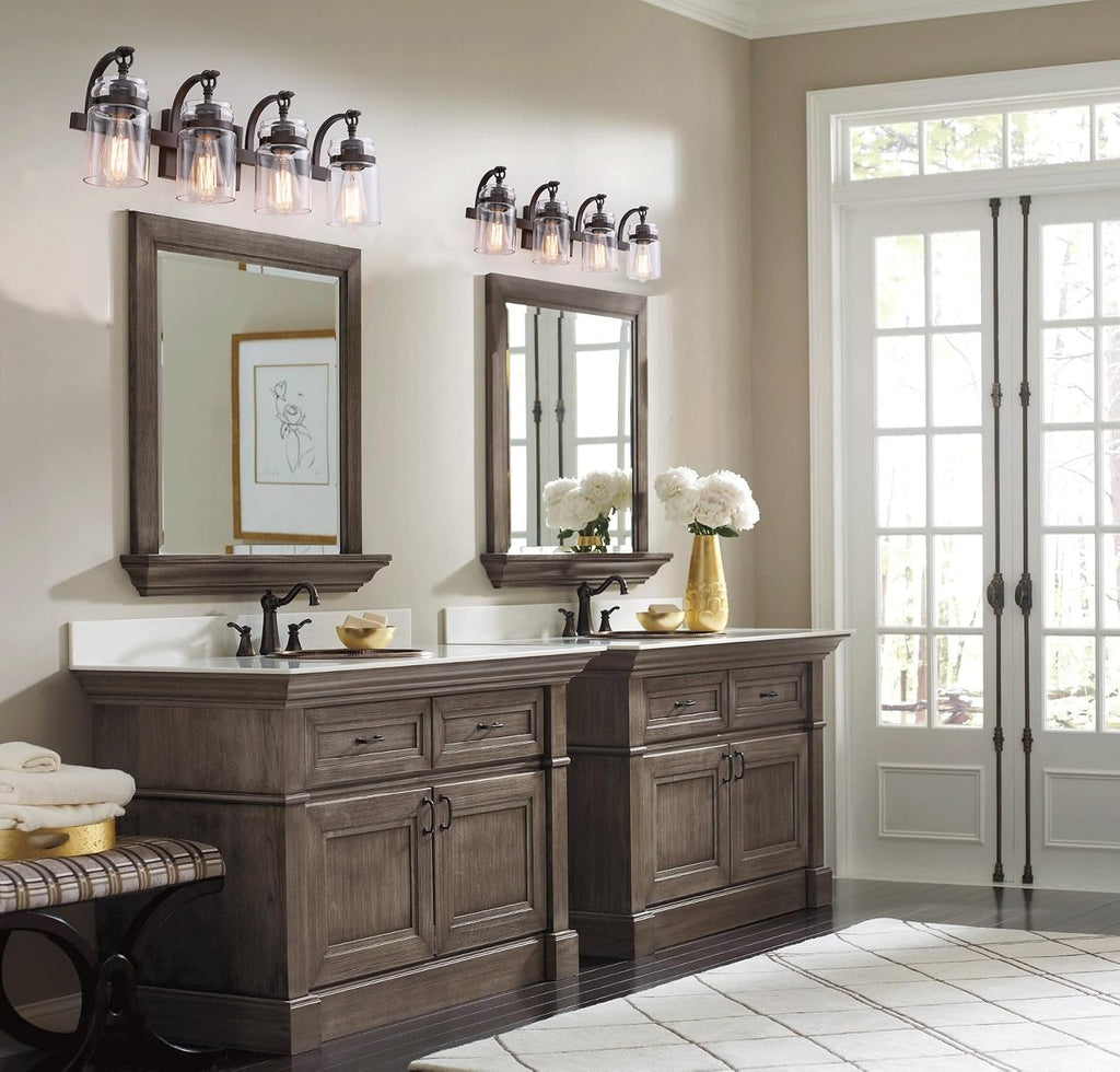 4 Light Bathroom Vanity Light, Oil Rubbed Bronze Bathroom Light Fixtures Over Mirror, Farmhouse Vanity Light with Clear Glass Shade