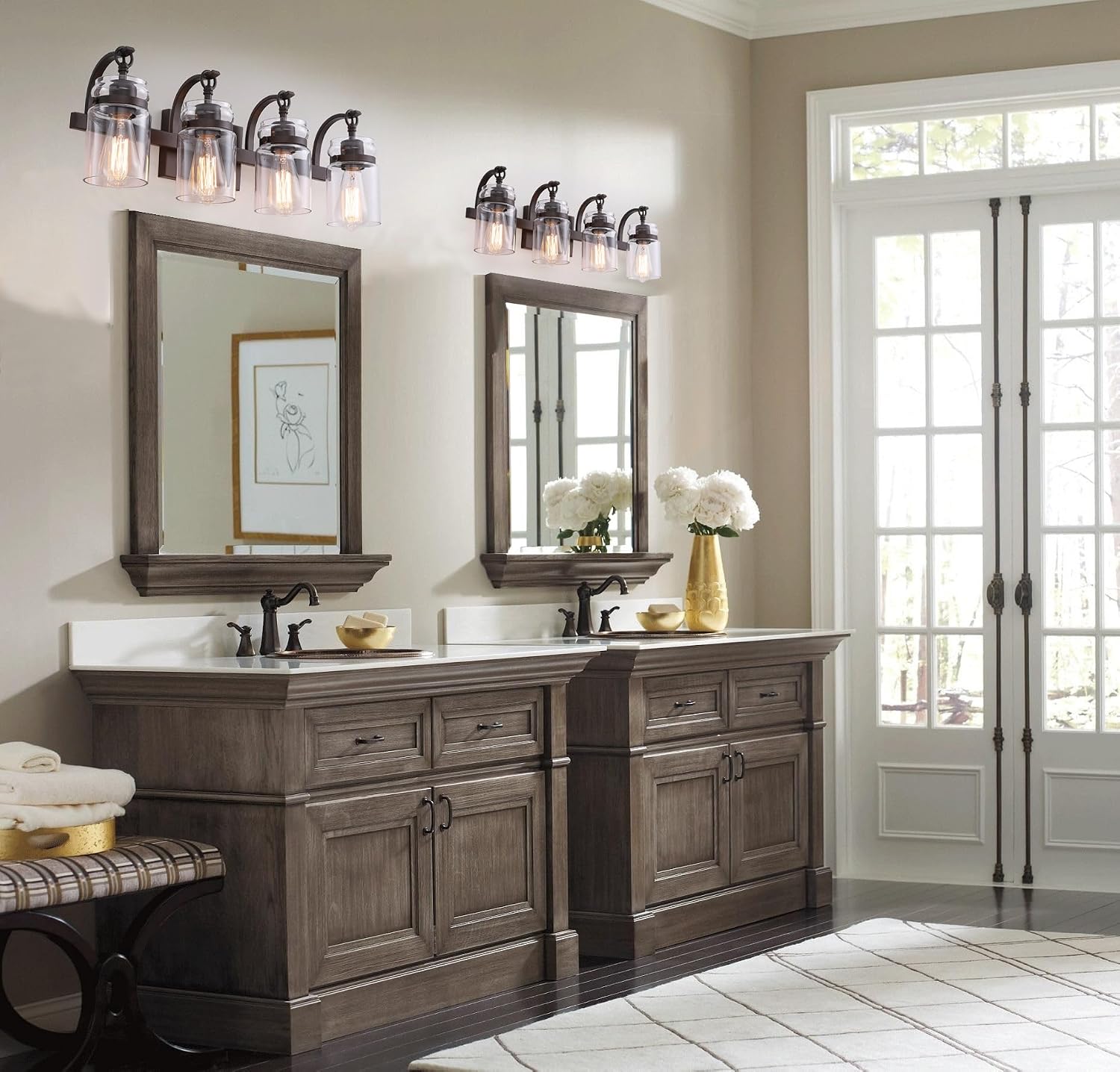4 Light Bathroom Vanity Light, Oil Rubbed Bronze Bathroom Light Fixtures Over Mirror, Farmhouse Vanity Light with Clear Glass Shade