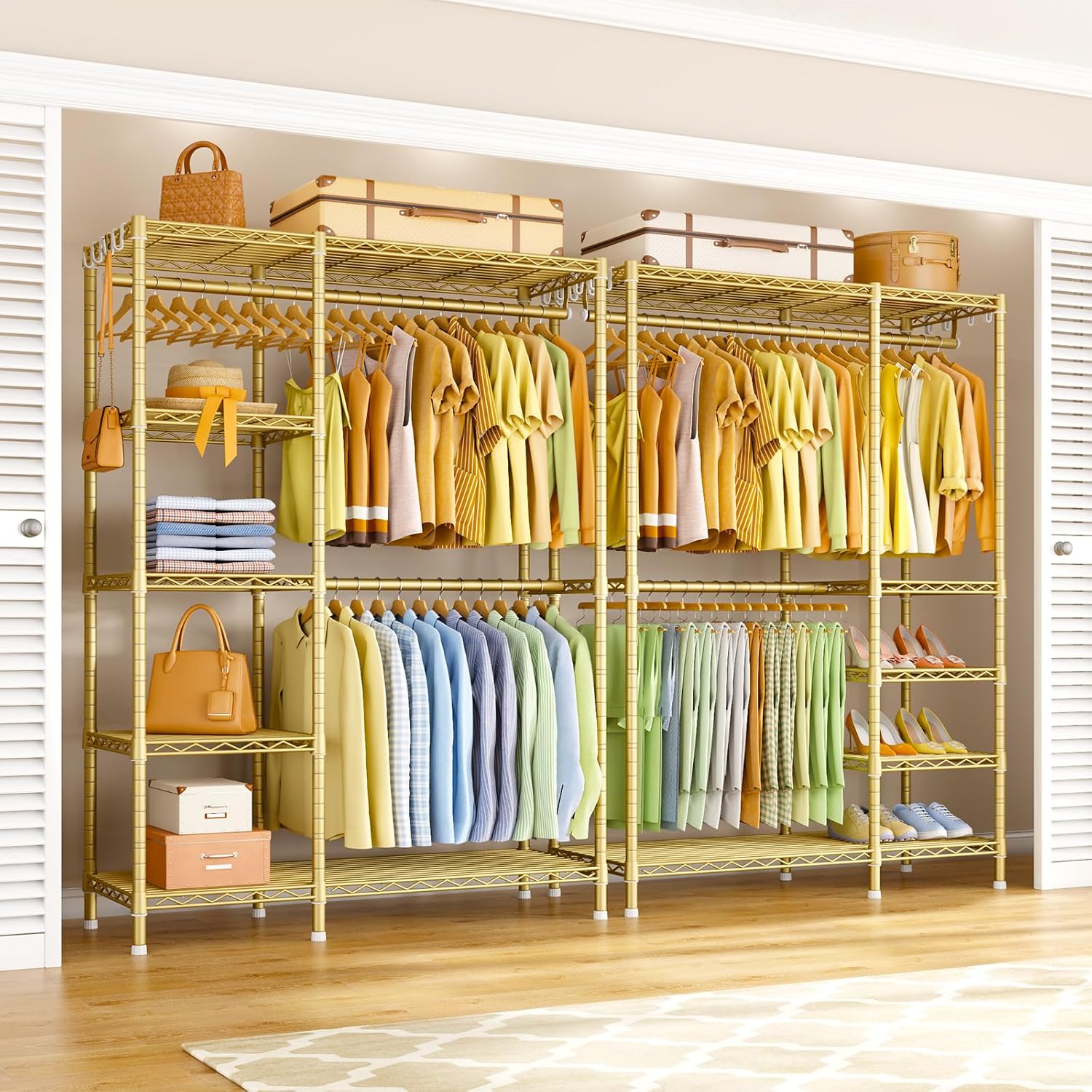 Ulif F2 Clothes Rack, 5 Tiers Heavy Duty Garment Rack for Bedroom, Freestanding Adjustable Closet Storage Organizer, 46.1' W x 15.4' D x 78.3' H, Load 630lbs, Upgraded Gold