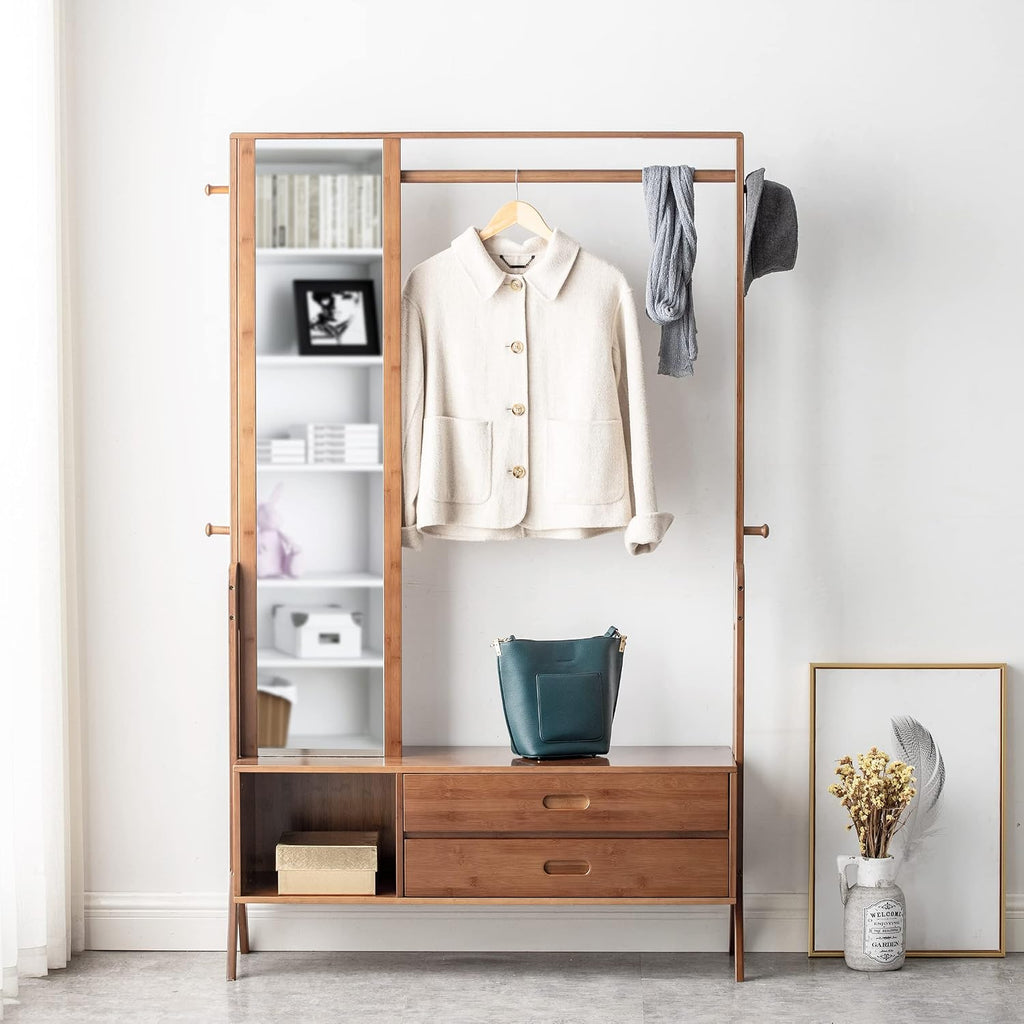 Bamboo Wooden Garment Rack Freestanding Closet Organizers and Storage Drawers with Mirror&Hooks, Coat Rack, Open Wardrobe for Entryway (40.6(L) x 13 (W) x 66.5 (H))