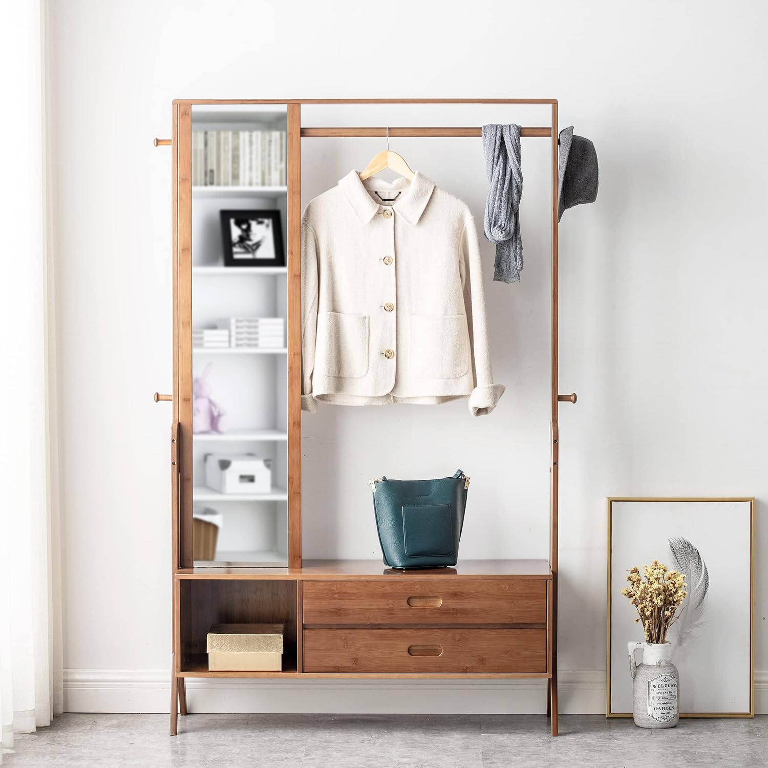 Bamboo Wooden Garment Rack Freestanding Closet Organizers and Storage Drawers with Mirror&Hooks, Coat Rack, Open Wardrobe for Entryway (40.6(L) x 13 (W) x 66.5 (H))
