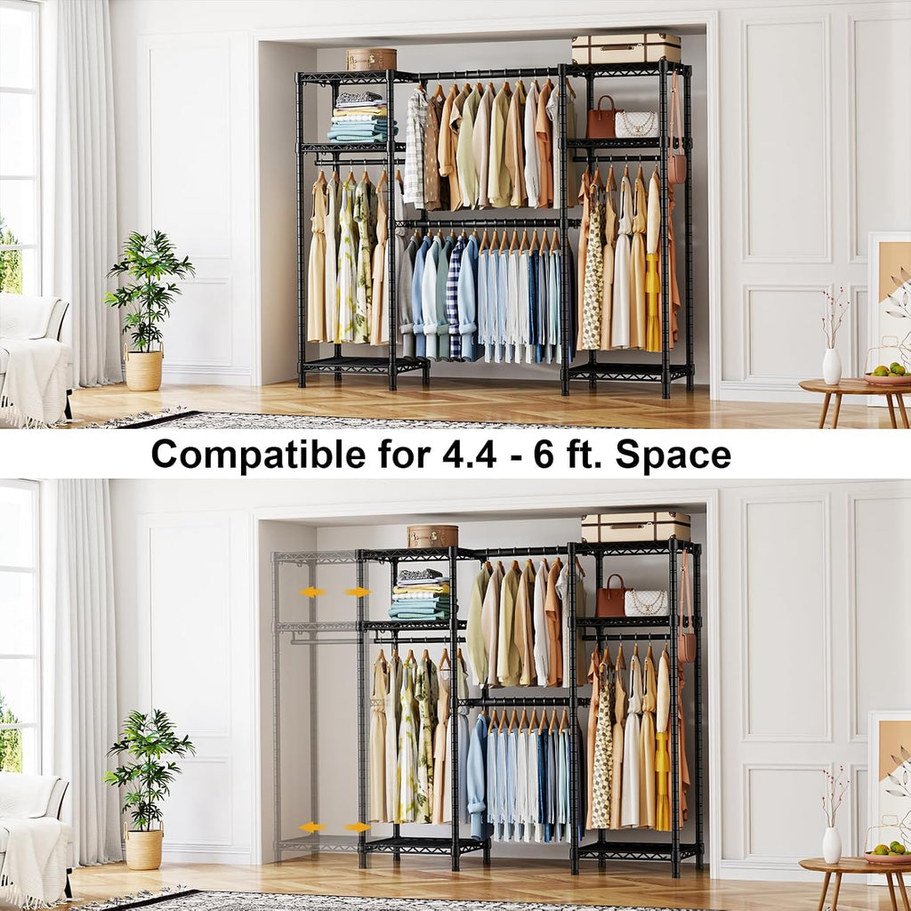 Ulif E7 Garment Rack, Heavy Duty Clothes Storage System with Extendable Hangers Rods, Metal Clothe Rack with 6 Wire Shelves, (52.3'-72') W x 14.5' D x 71.2' H, Load 838 LBS